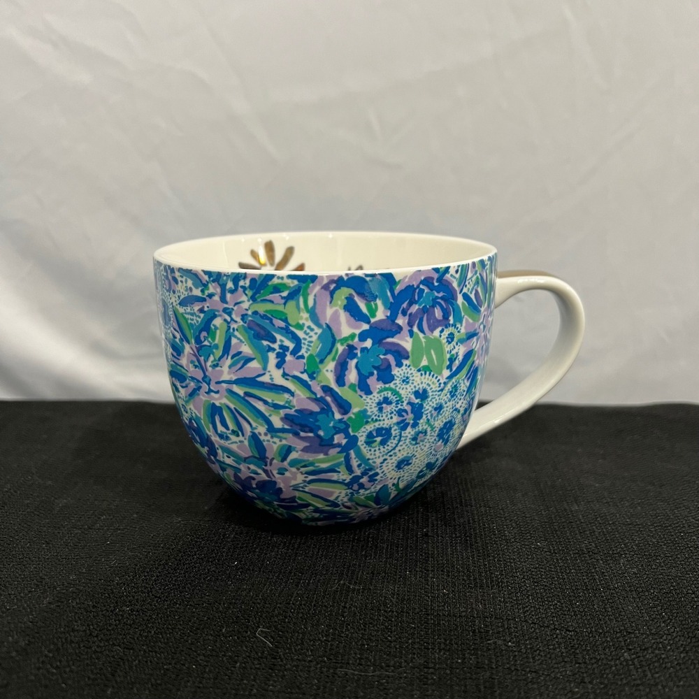 Lilly Pulitzer Blue Purple Floral Ceramic Coffee Mug Gold Handle Oversized 4.5"